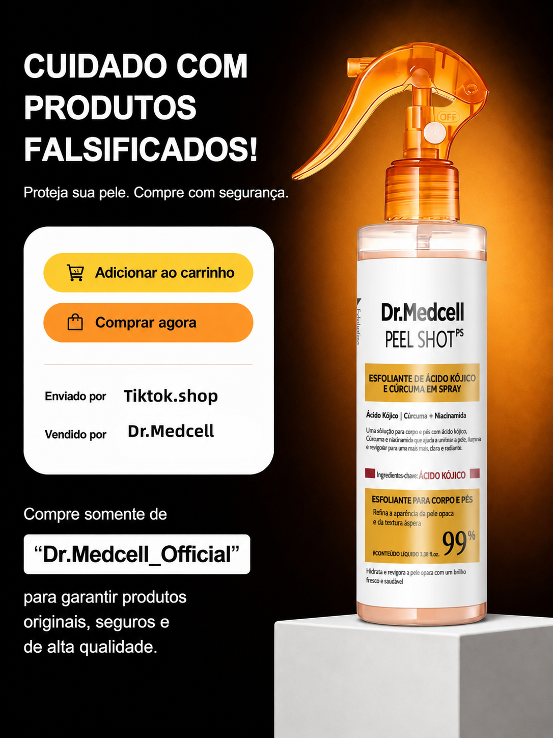 Anúncio em fundo preto e laranja com frasco de Dr.Medcell Peel Shot e orientações visuais para compra em loja oficial.