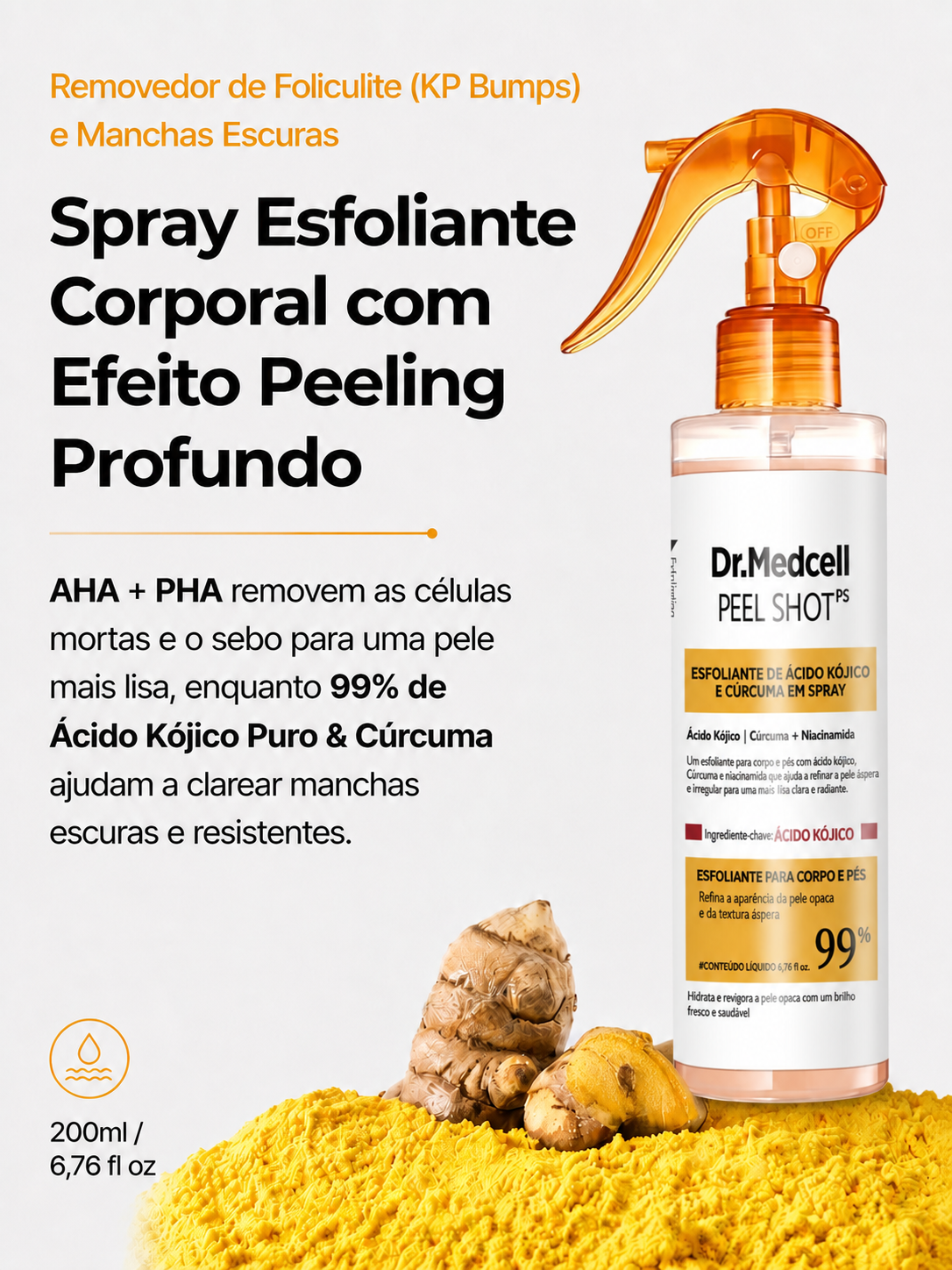 Frasco de Dr.Medcell Peel Shot ao lado de elementos visuais de cúrcuma, com textos promocionais sobre esfoliação corporal e indicação de 200 ml.