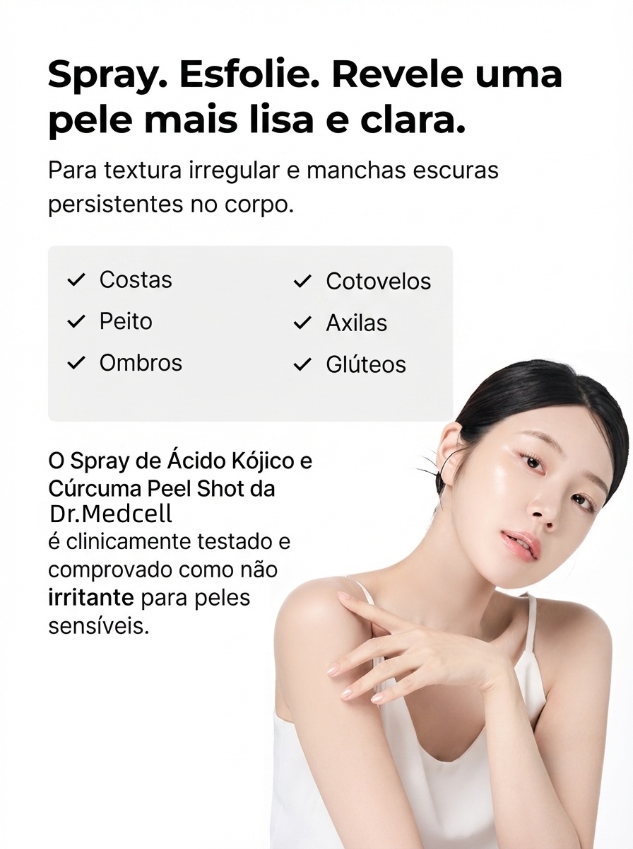Modelo ao lado de textos que indicam áreas corporais sugeridas para aplicação do spray Dr.Medcell Peel Shot.