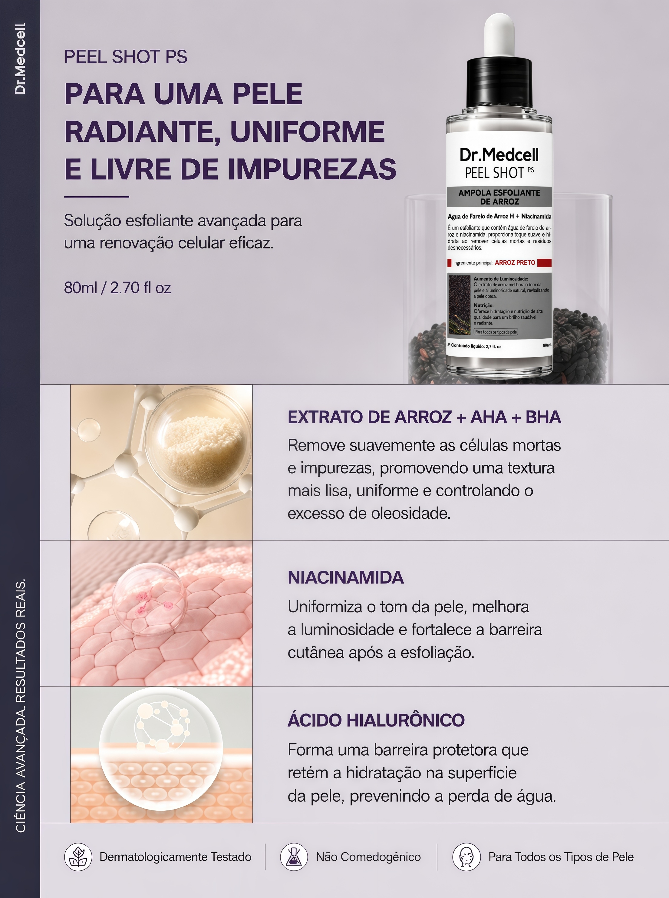 Peça informativa da versão com conta-gotas preto da ampola Dr.Medcell Peel Shot PS, com menções a extrato de arroz, AHA, BHA, niacinamida e ácido hialurônico.