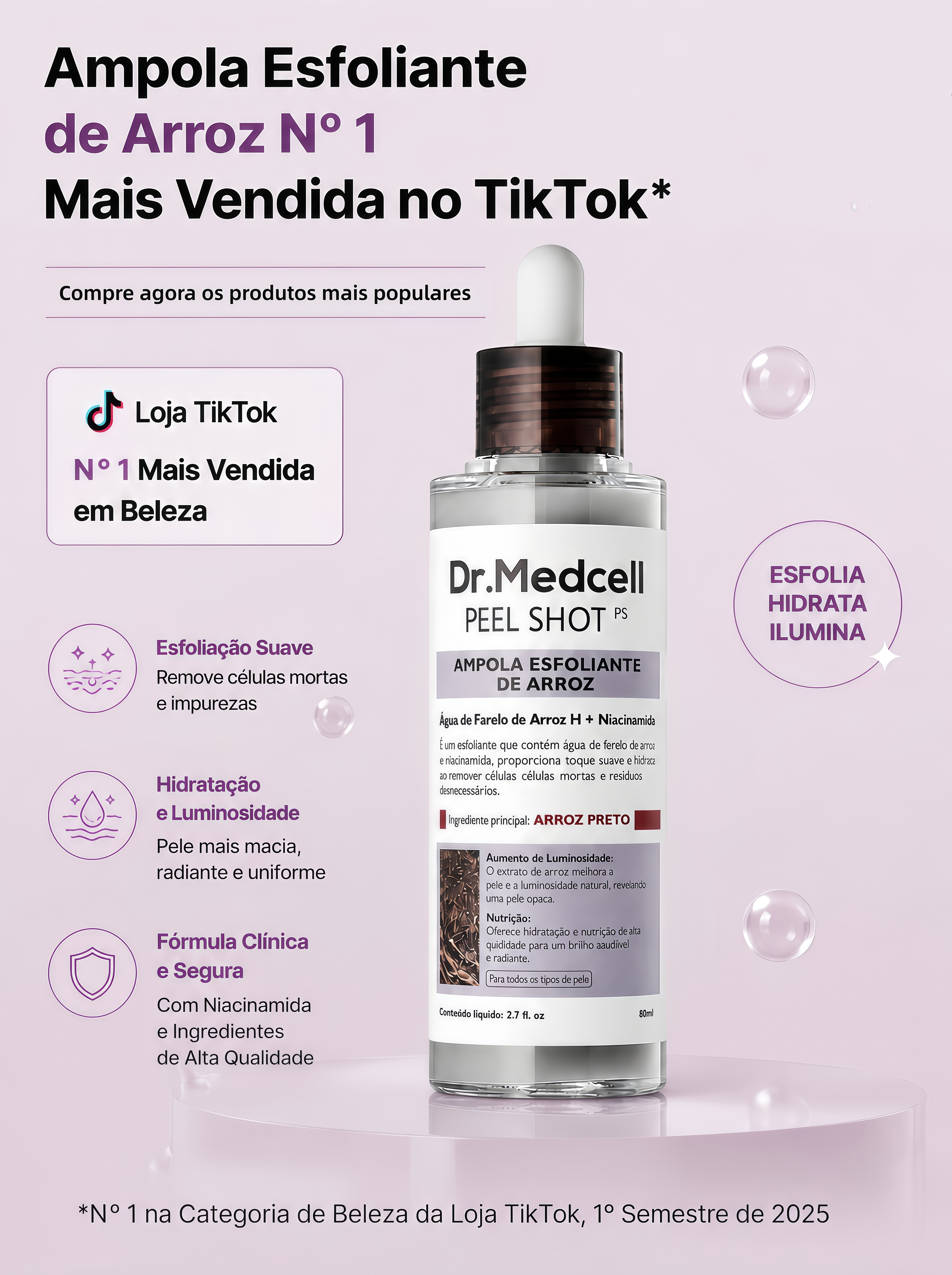 Frasco da ampola esfoliante de arroz preto Dr.Medcell Peel Shot PS em peça promocional com textos sobre esfoliação, hidratação e luminosidade.