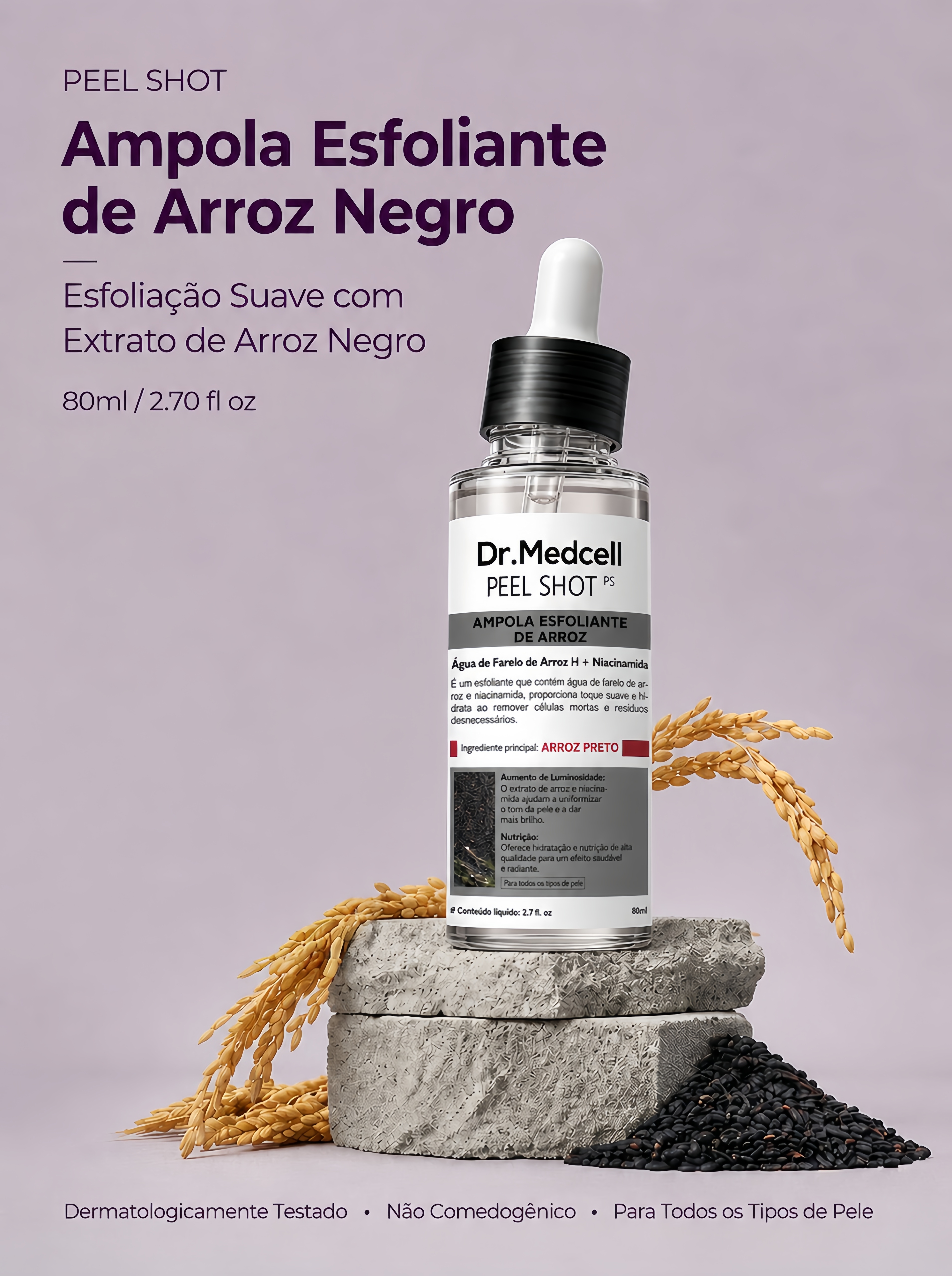 Frasco da ampola esfoliante Dr.Medcell Peel Shot PS apresentado sobre blocos, com texto indicando arroz negro e volume de 80 ml.
