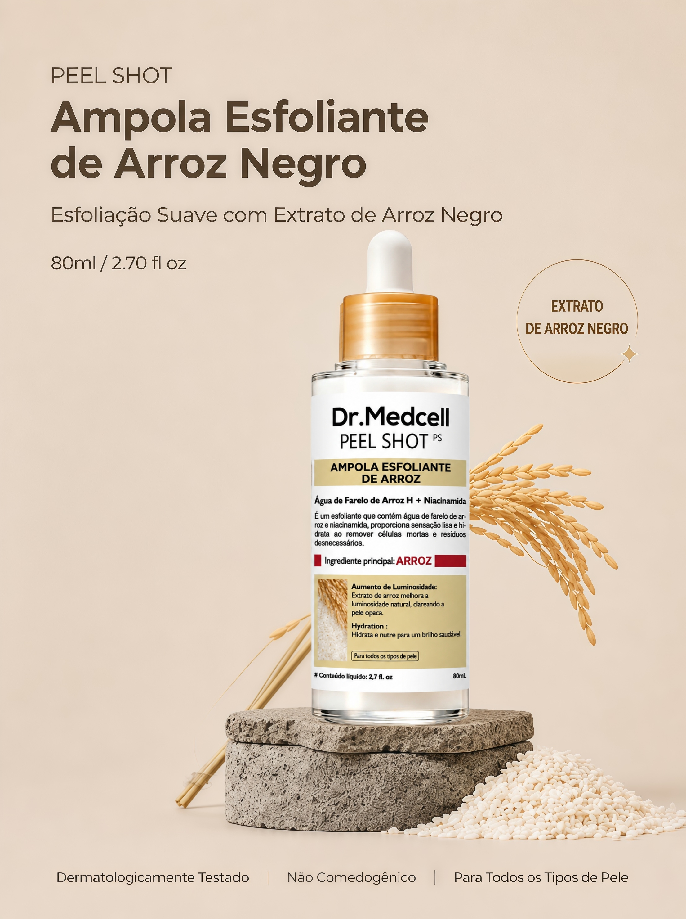 Frasco Dr.Medcell Peel Shot PS com conta-gotas dourado, elementos decorativos de arroz e texto promocional sobre arroz negro.