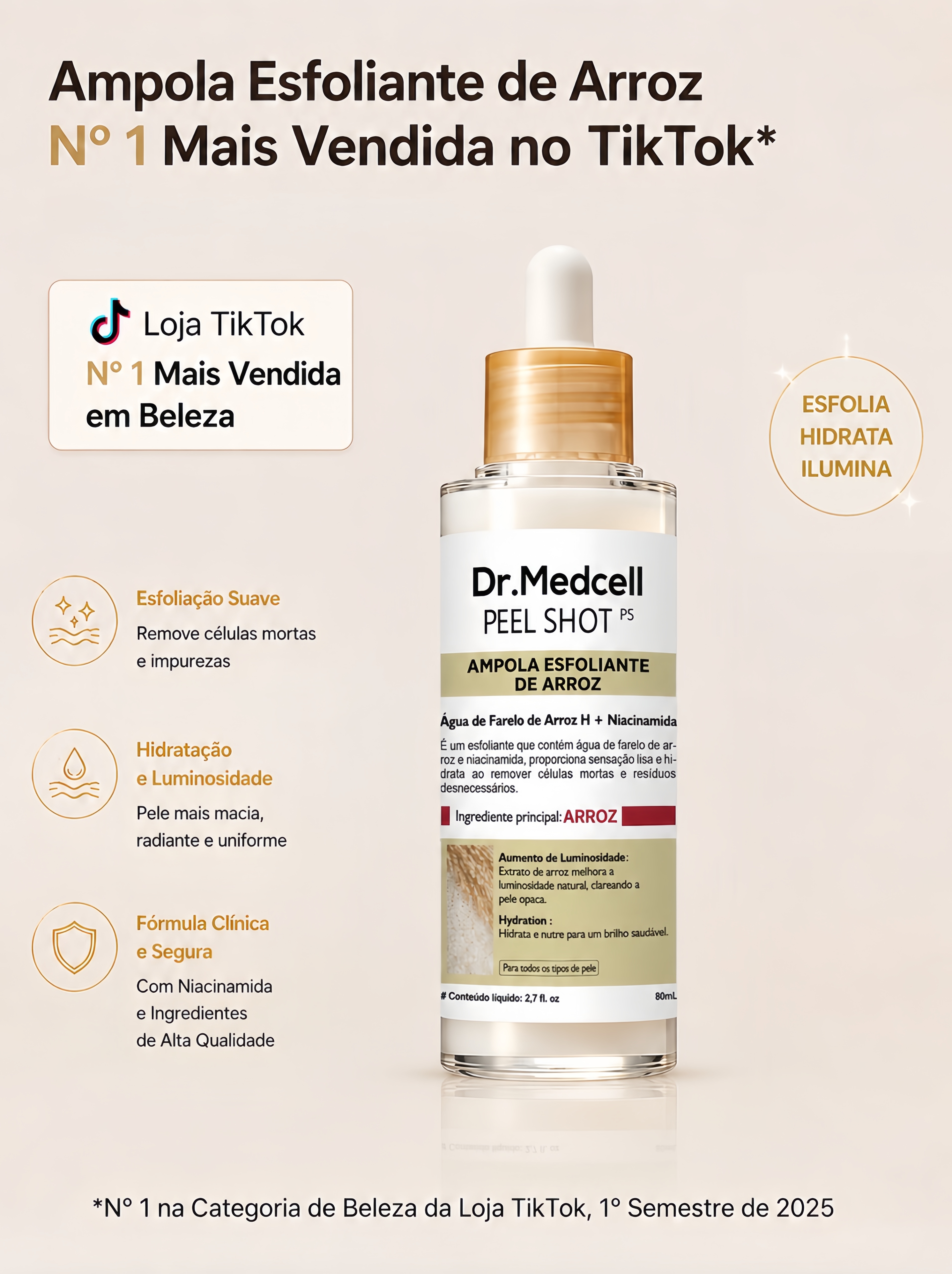 Frasco da ampola esfoliante de arroz Dr.Medcell Peel Shot PS em peça promocional de fundo claro com conta-gotas dourado.