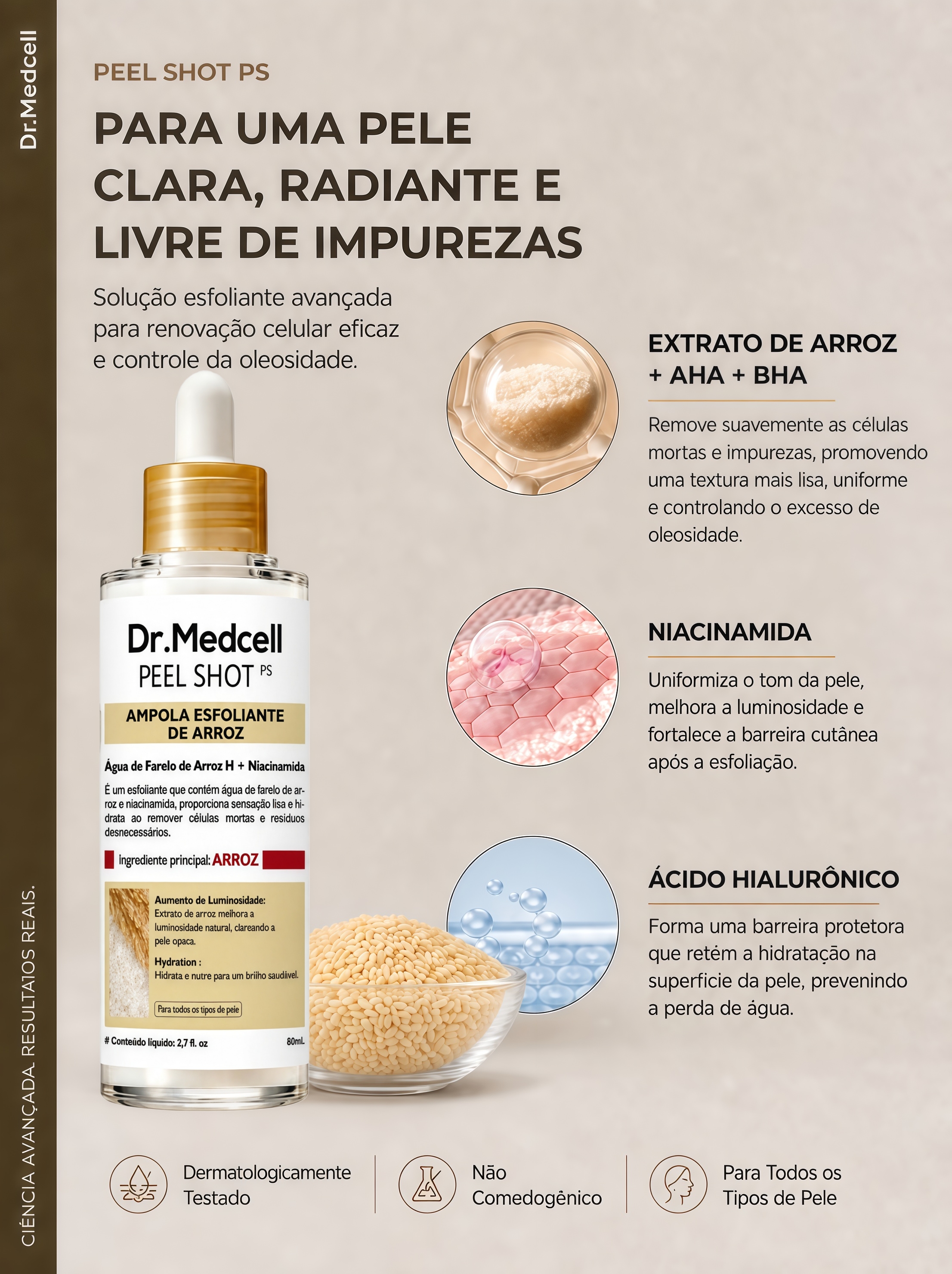 Peça informativa da versão com conta-gotas dourado da ampola Dr.Medcell Peel Shot PS, com menções a extrato de arroz, AHA, BHA, niacinamida e ácido hialurônico.