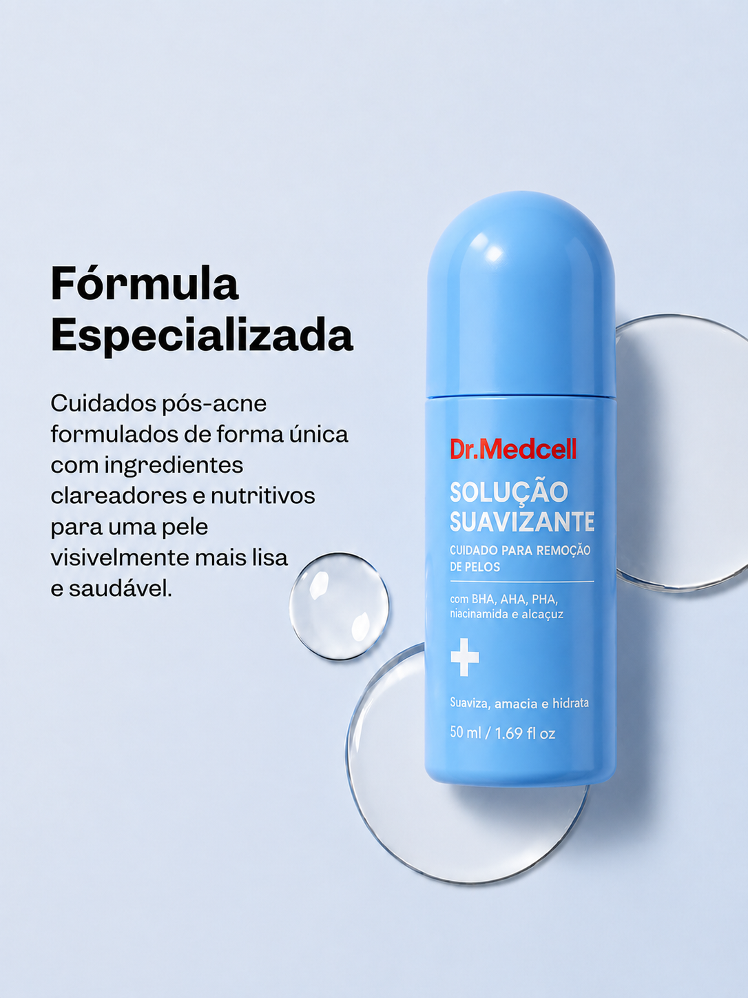 Frasco fechado da solução suavizante Dr.Medcell ao lado de texto que apresenta o produto como cuidado pós-acne.