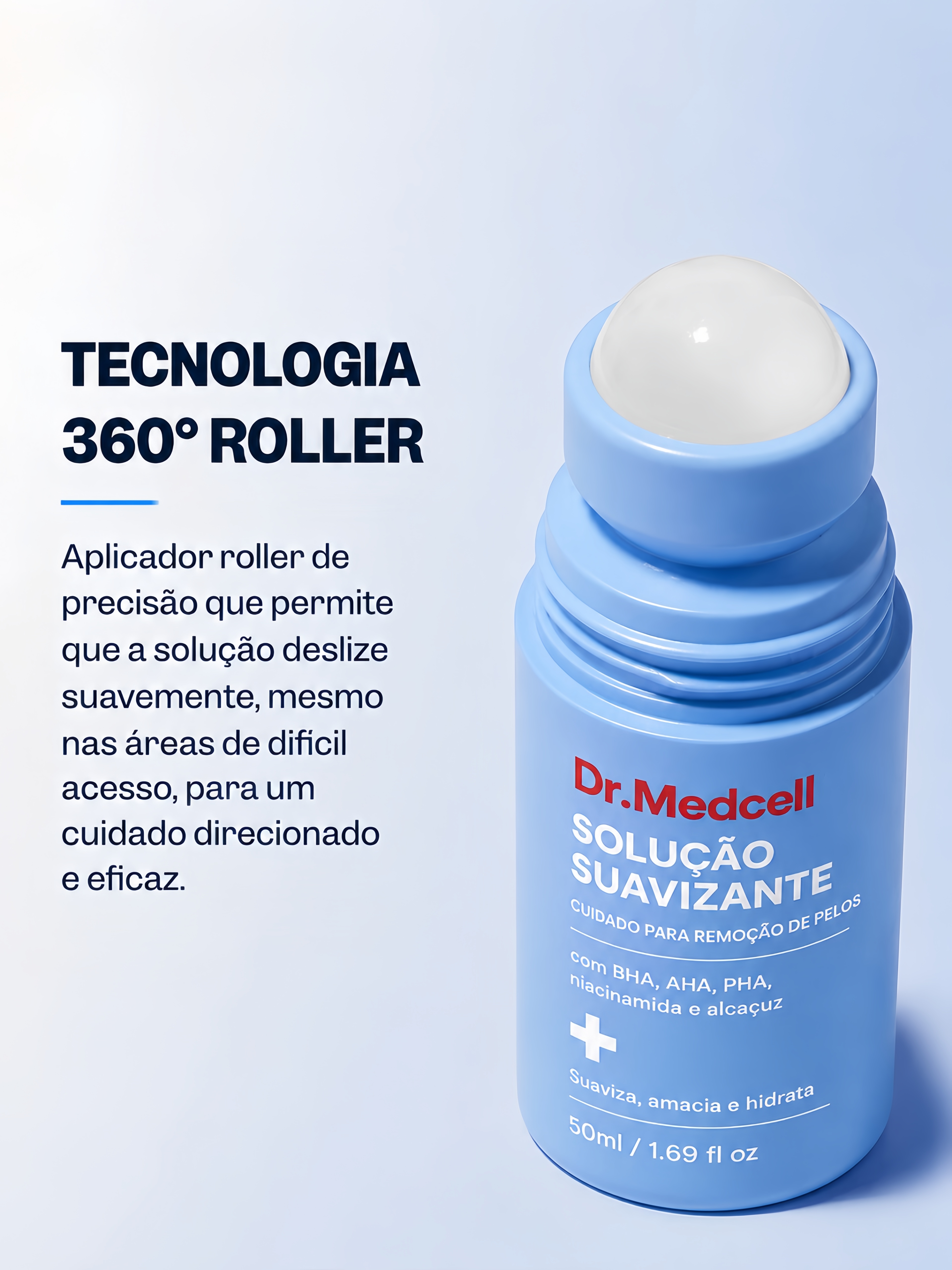 Detalhe ampliado do aplicador roll-on branco do frasco Dr.Medcell, apresentado como roller 360°.