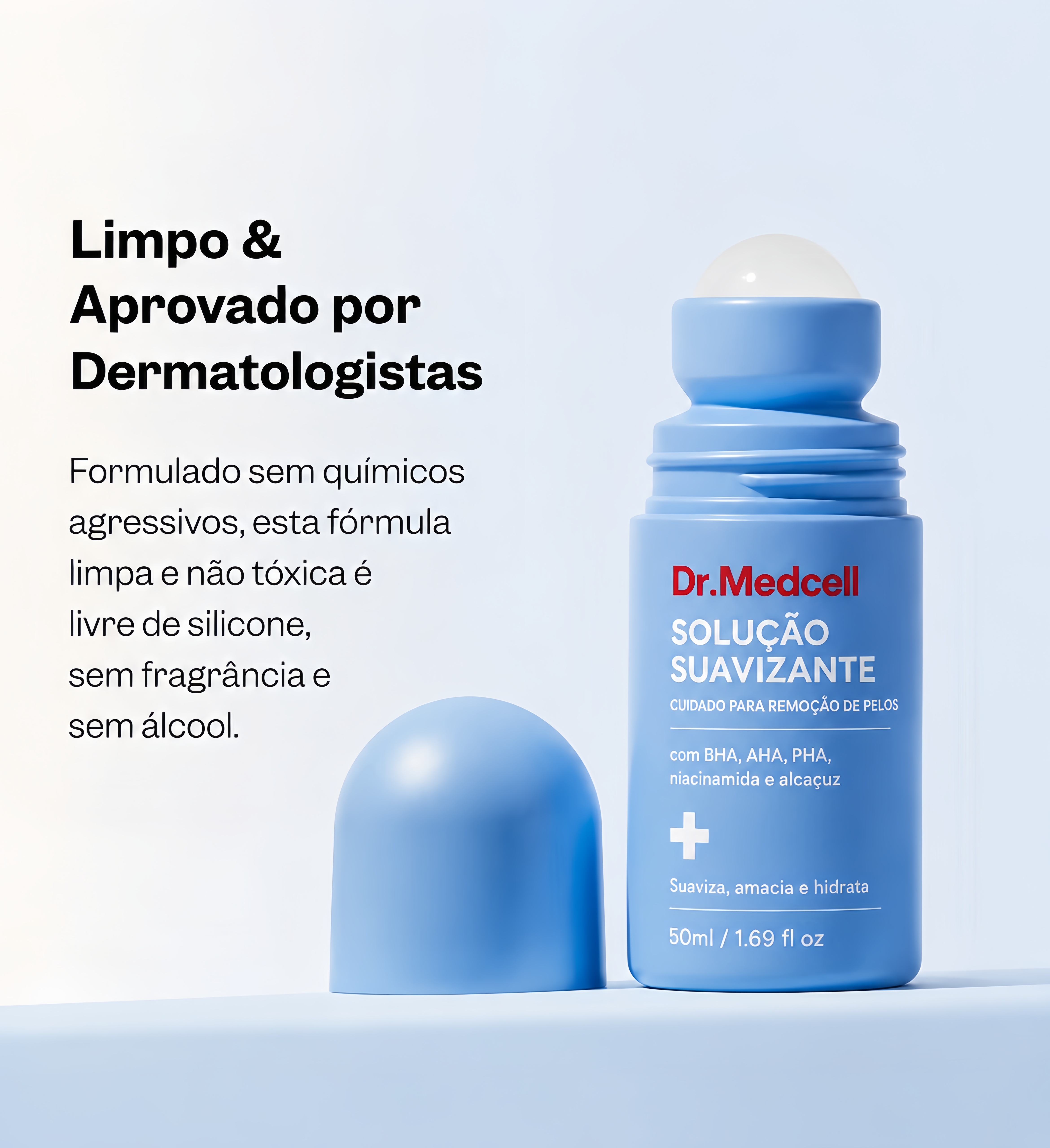 Frasco aberto e tampa azul da solução suavizante Dr.Medcell ao lado de textos sobre aprovação dermatológica e fórmula sem silicone, fragrância e álcool.