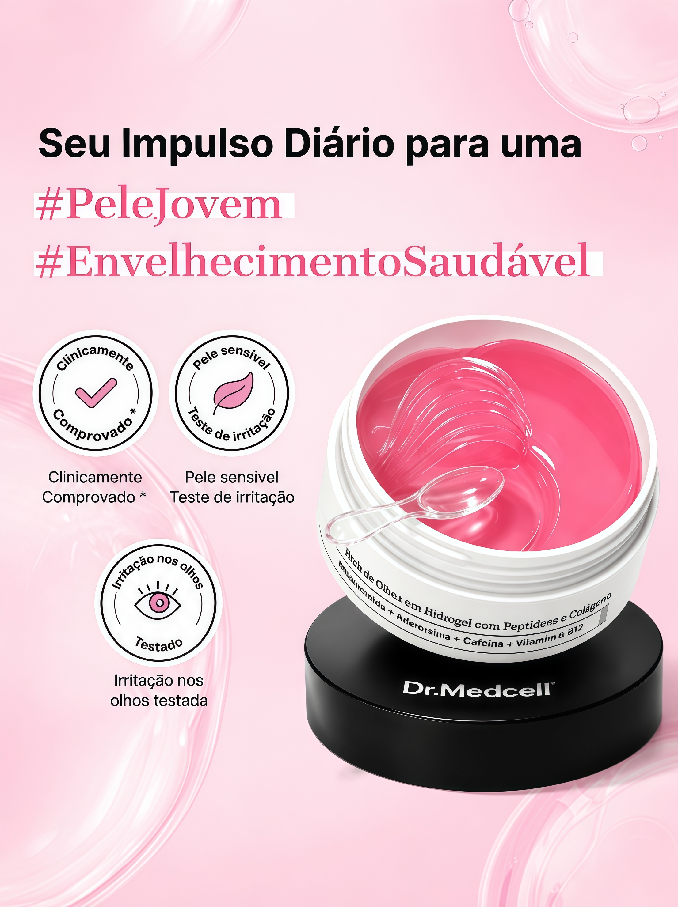 Pote aberto de patches Dr.Medcell com espátula e selos promocionais relacionados a testes clínicos e de irritação.