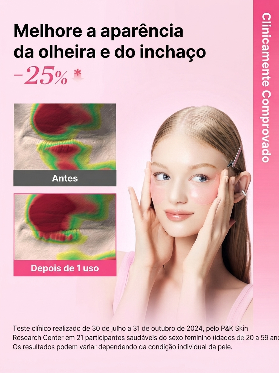 Peça promocional com modelo usando patches sob os olhos e comparativos visuais identificados como antes e depois de um uso.