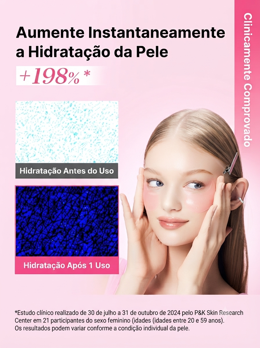 Peça promocional com modelo usando patches sob os olhos e comparativos visuais de hidratação antes e após um uso.