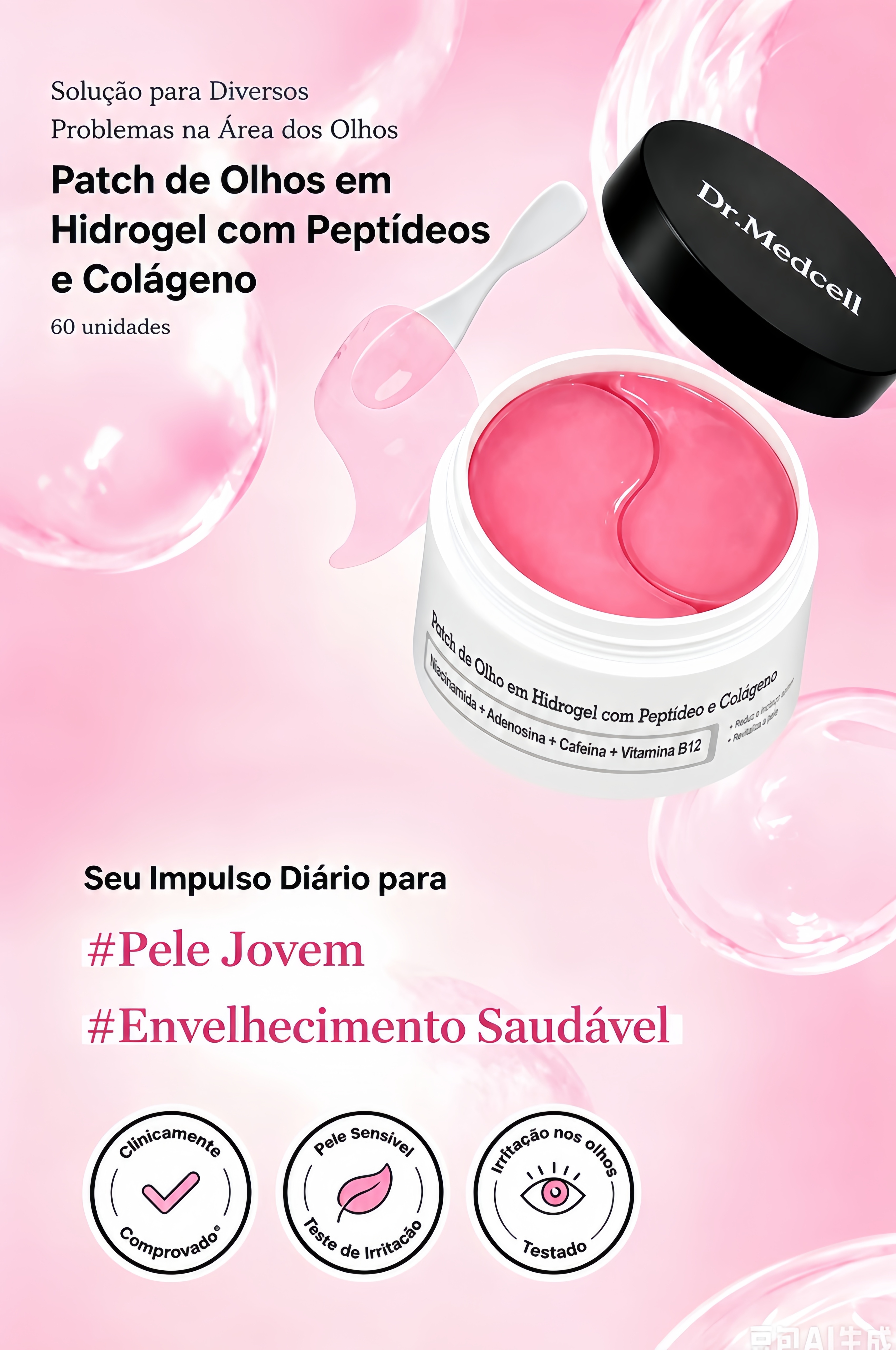 Pote Dr.Medcell aberto com patches rosa, espátula e indicação visual de 60 unidades.