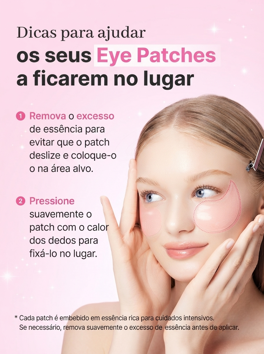 Modelo aplicando patches sob os olhos, acompanhada de instruções para retirar o excesso de essência e pressionar suavemente.
